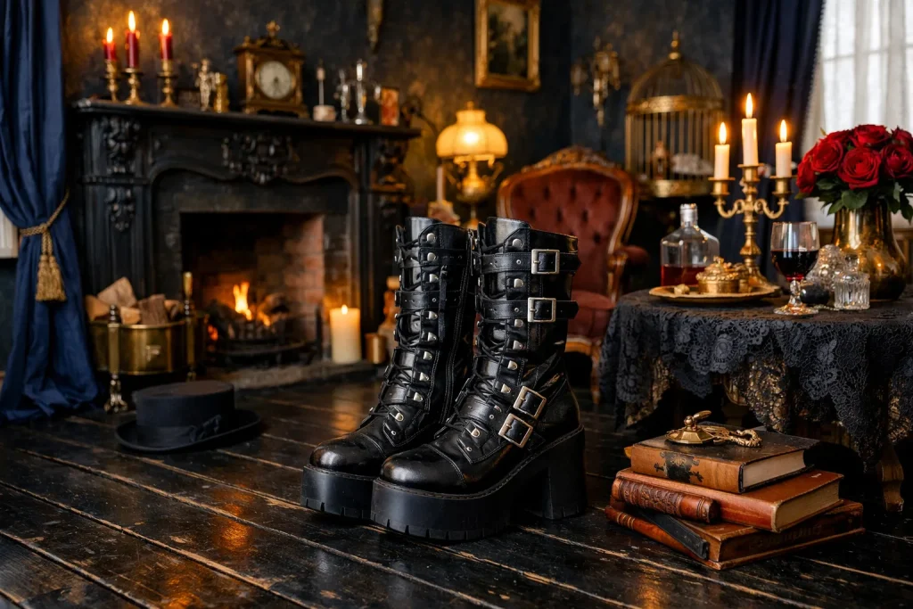 Sous les lattes du parquet noir : associer bottes gothiques et ambiance victorienne chez soi