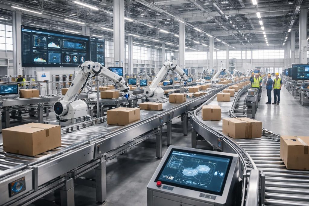 Logistique industrielle avec convoyeurs automatisés et gestion flux Siemens pour usines