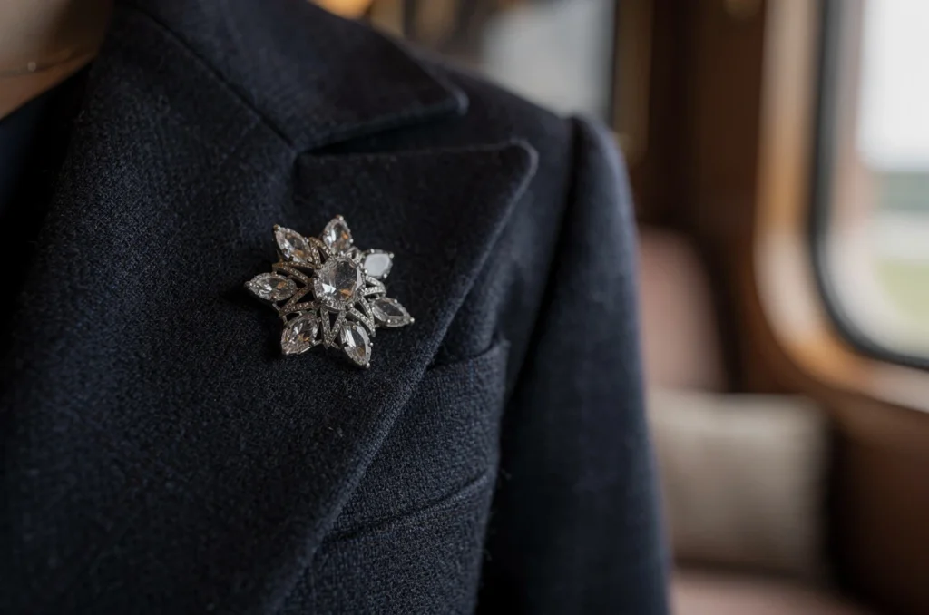 Une broche sur le revers, un billet pour l’élégance : l’accessoire favori des voyageurs raffinés