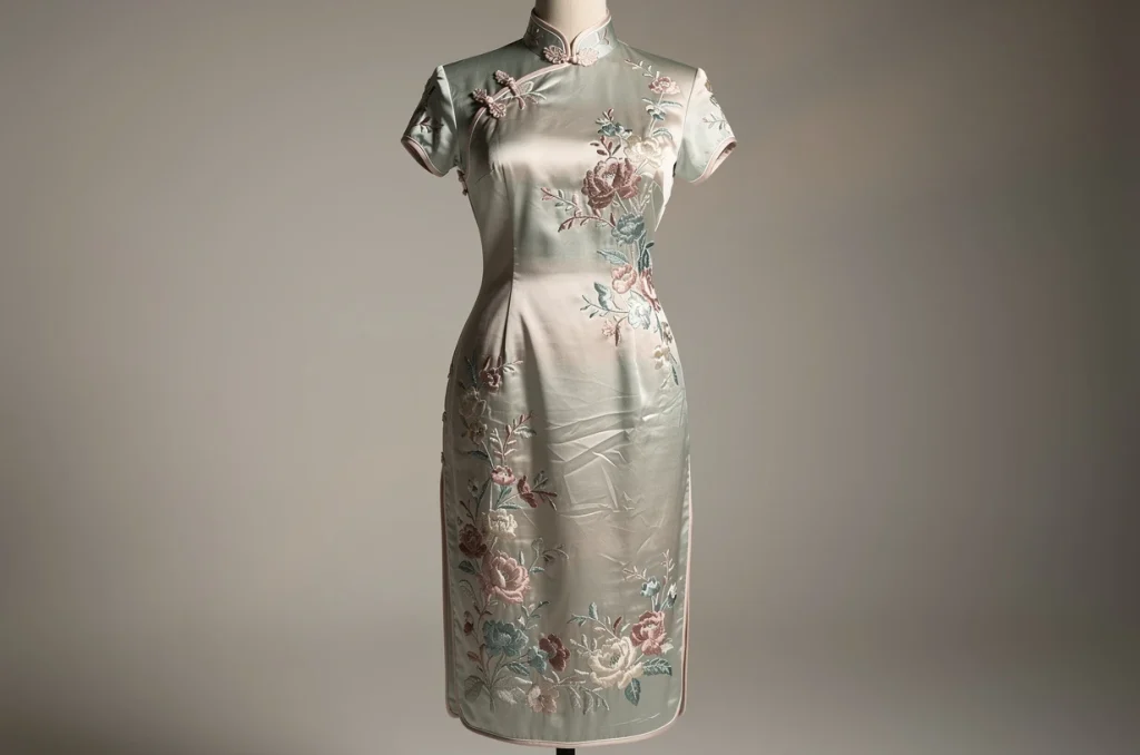Fente délicate, col mandarin et broderies florales : les secrets d’une robe chinoise élégante